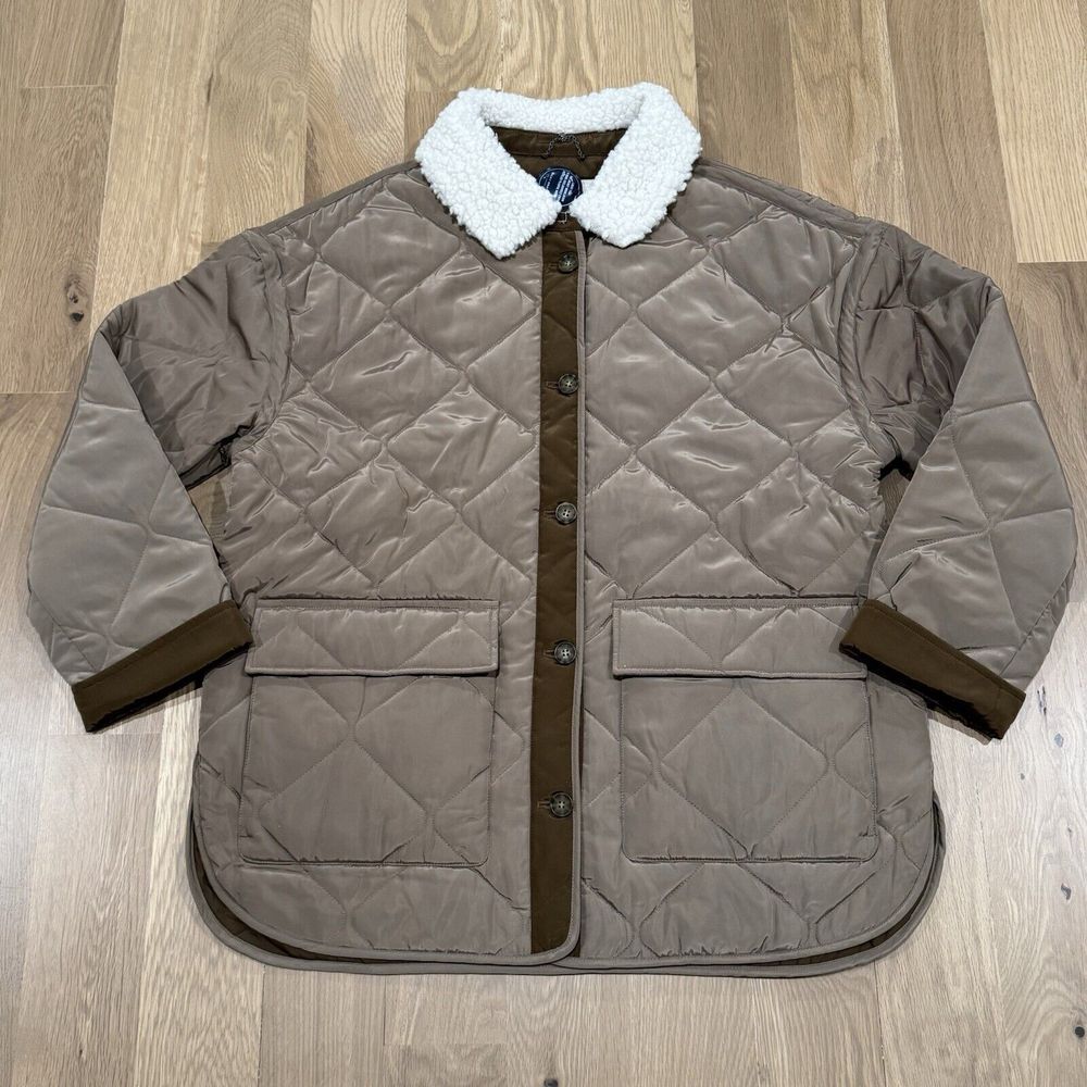 Lucky Brand L Oversize Faux Shearling Collar‎ Quilted Barn Coat Button $168